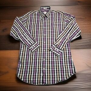Peter Millar Button Down Shirt Mens Medium Long Sleeve Cotton Purple Black Plaid